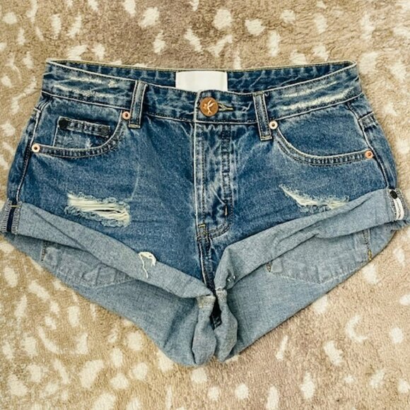 One Teaspoon Bandits Low Waist Cheeky Denim Shorts Pacifica Blue Smile Size 23 - Picture 4 of 12